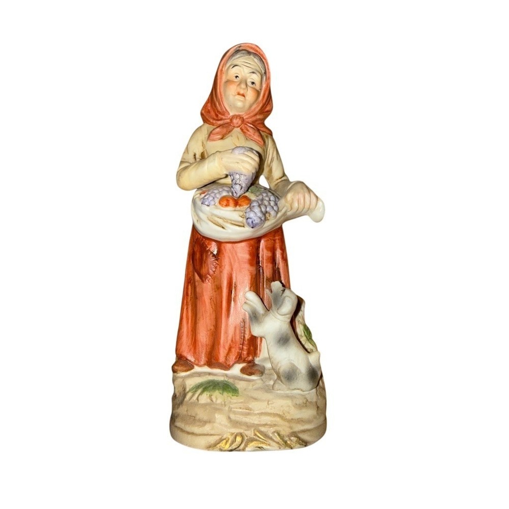 Vintage HOMCO‎ Porcelain Farm Lady Figurine Grapes Fruit Basket Puppy Dog